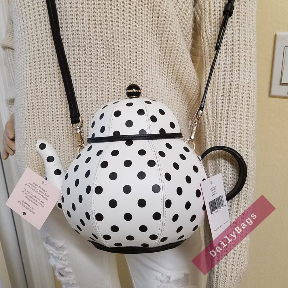 NWT KATE SPADE 100% AUTHENTIC TEAPOT CROSSBODY BLACK POLKA DOTS WHITE TEAPOT - Picture 1 of 10